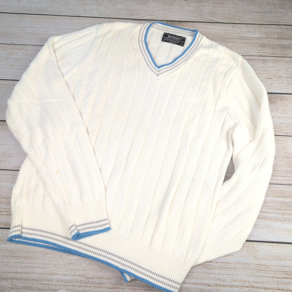 Vintage 70s 80wJantzen Mens V-Neck Sweater White Blue Grey Striped Trim L